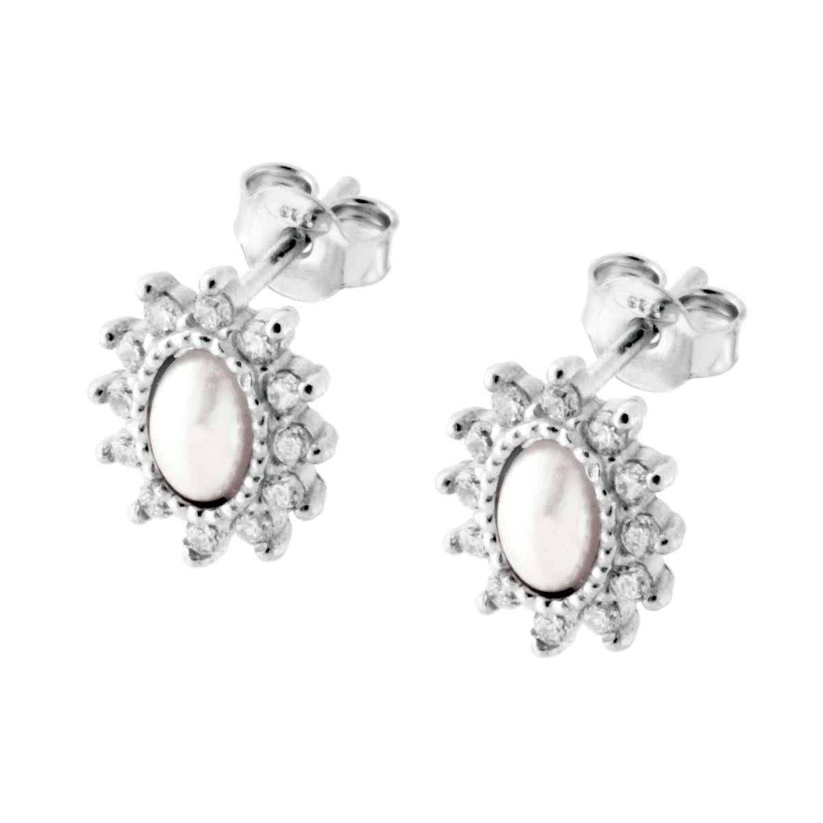 Orecchini Ovali con Perla e Zirconi Bianchi in ARGENTO 925 Galvanica Rodio