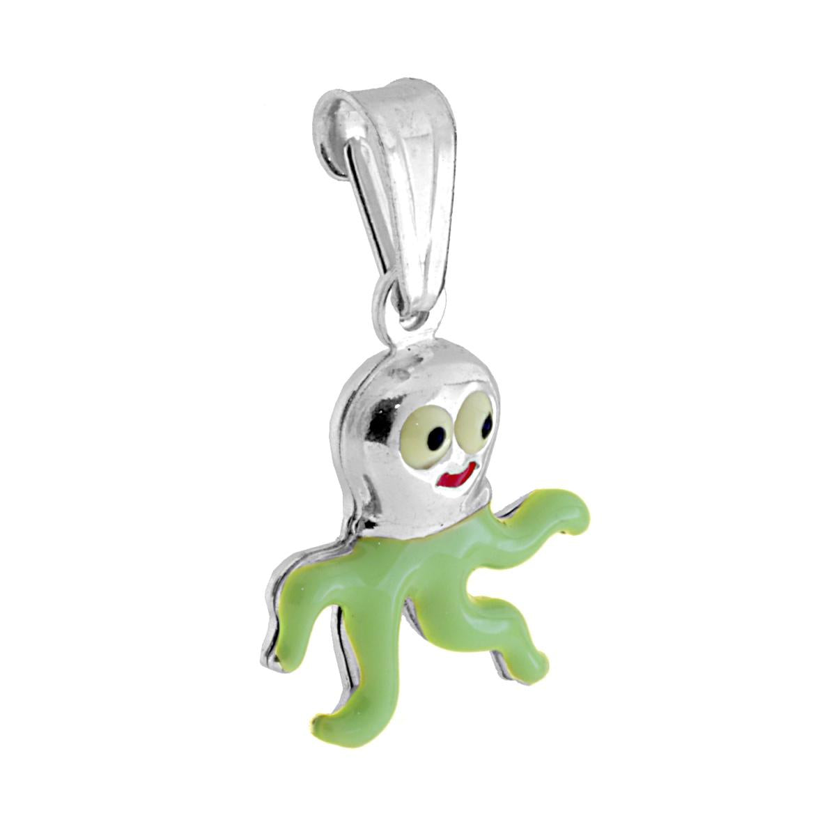 Ciondolo bombato, effetto tridimensionale, per Bimbo e Bimba, a forma di polpo con applicazione smalto colore Verde.<BR>Made in Italy