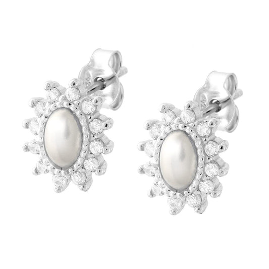 Orecchini Ovali con Perla e Cubic Zirconia Bianchi in ARGENTO 925 Galvanica Rodio