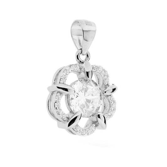 Ciondolo a forma di fiore con zircone tondo centrale montato su 5 Griffe, con zirconi bianchi incastonati intorno.<BR>