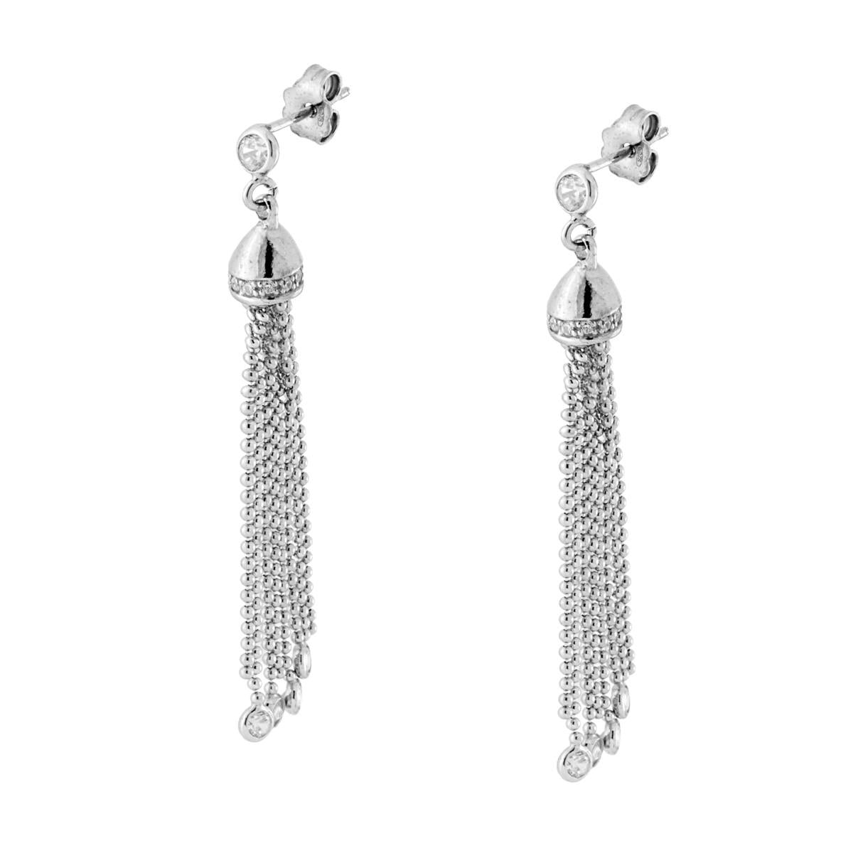 Orecchini Punto Luce Bianco con Fili Palline e Zirconi Bianchi in ARGENTO 925 Galvanica Rodio