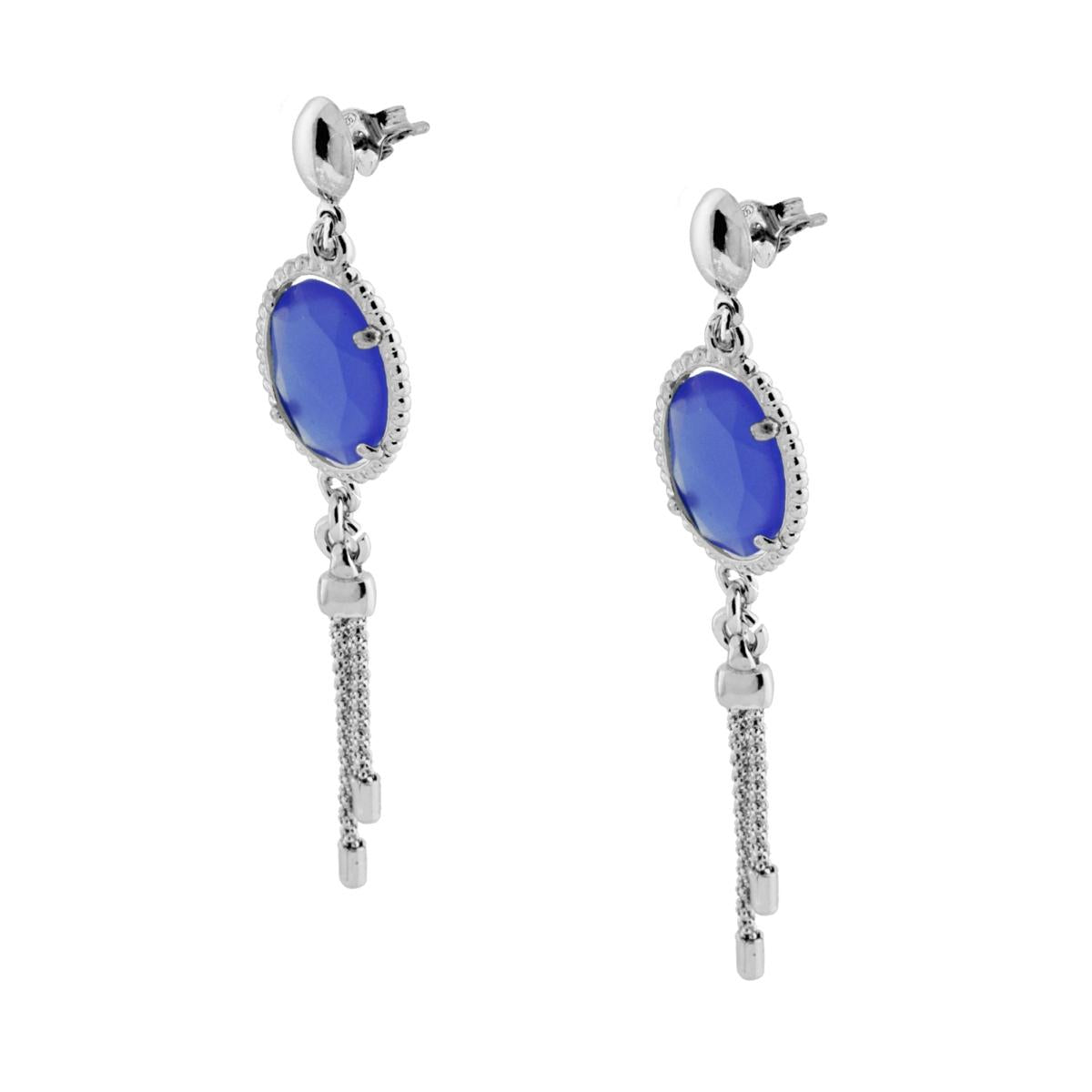 Orecchini con Pietra Ovale Blu con Catena Coreana pendente in ARGENTO 925 Galvanica Rodio