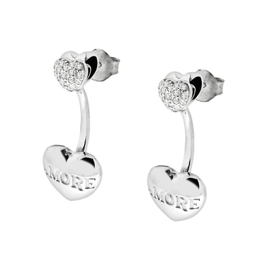 Orecchini Amore con Zirconi Bianchi e Cuore con Smalto Rosso in ARGENTO 925 Galvanica Rodio