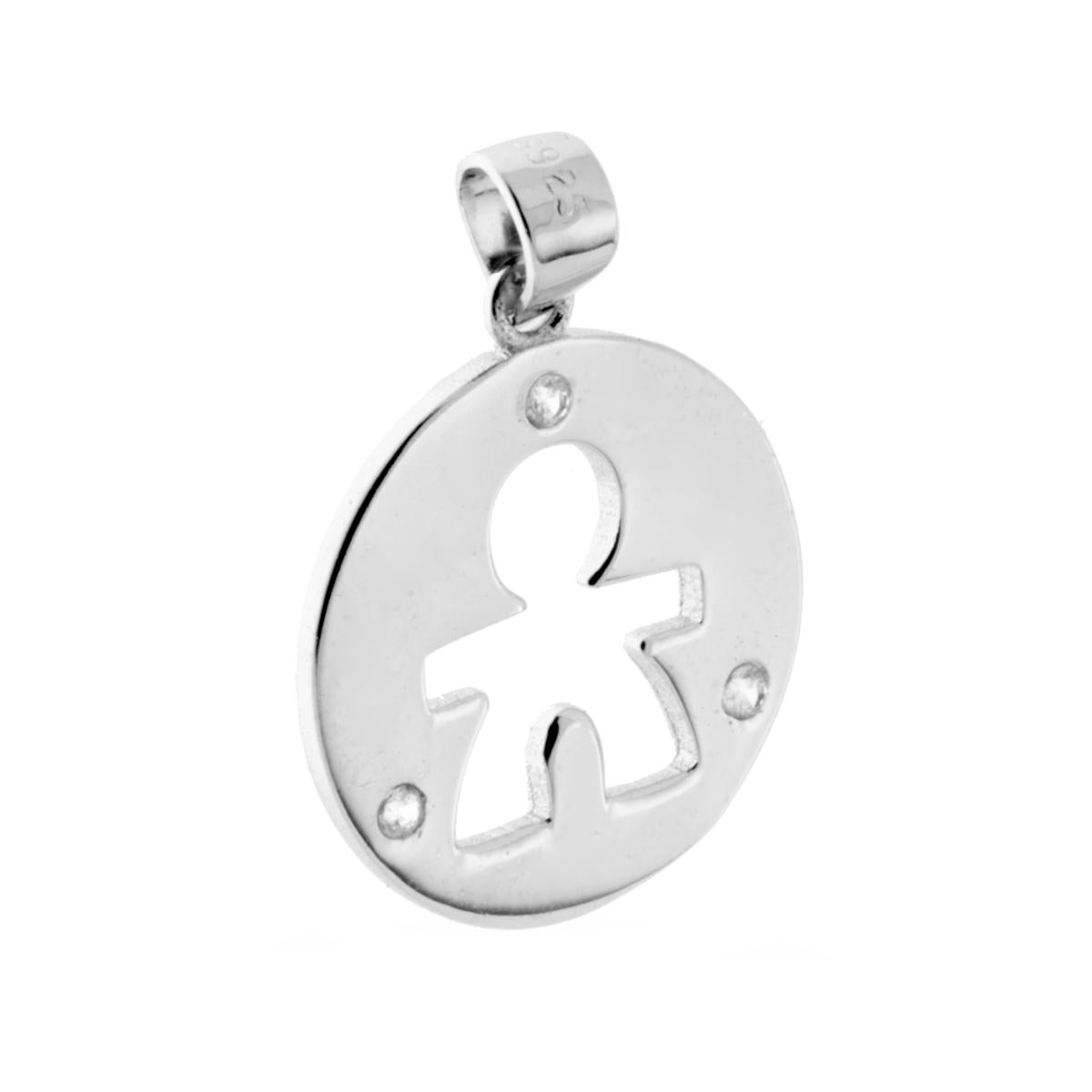 Ciondolo a forma di Medaglietta Tonda con sagoma Bimbo e tre punti Zirconi Bianchi.