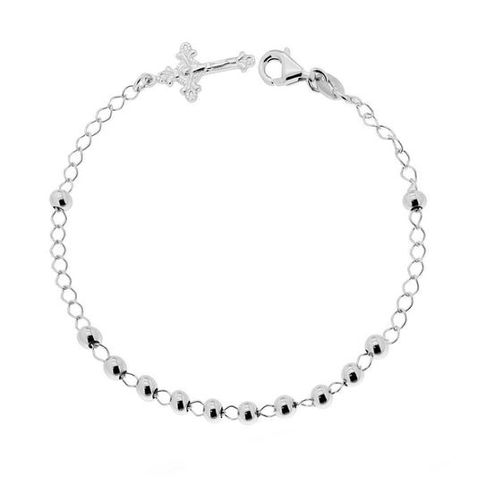 Bracciale Rosario cm 20 con Grani mm 4 e Croce pendente lavorata in ARGENTO 925 Galvanica Rodio