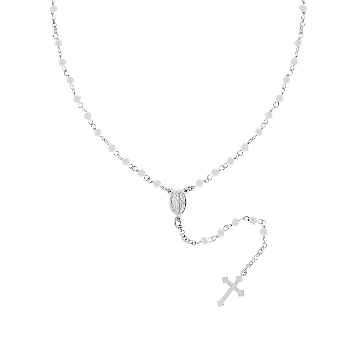 Collana Rosario cm 50 con Crystal Bianchi mm 3.5 in ARGENTO 925 Galvanica Rodio