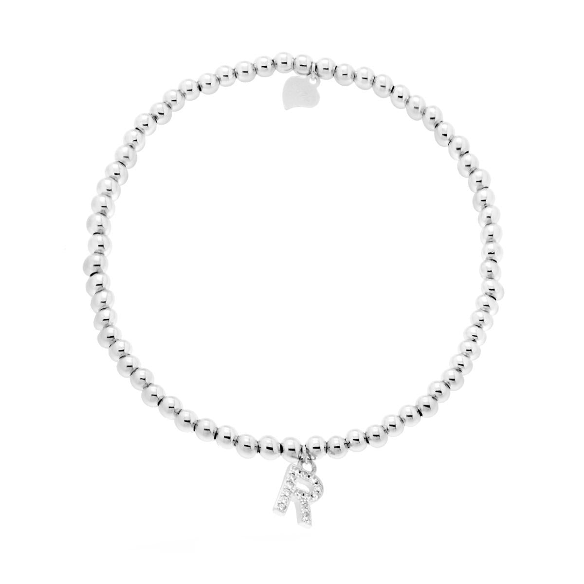 Bracciale Elastico a Palline con Accessorio Lettera e Zirconi in ARGENTO 925