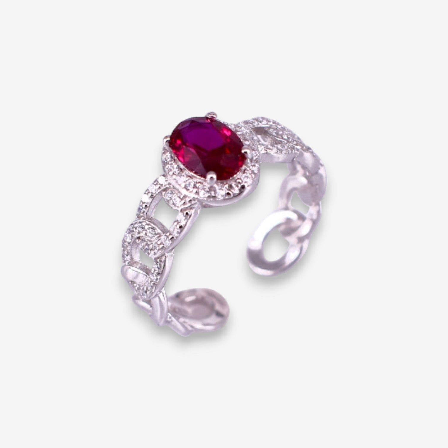 Anello Donna Catena in Argento 925 Regolabile con zircone ovale rosso