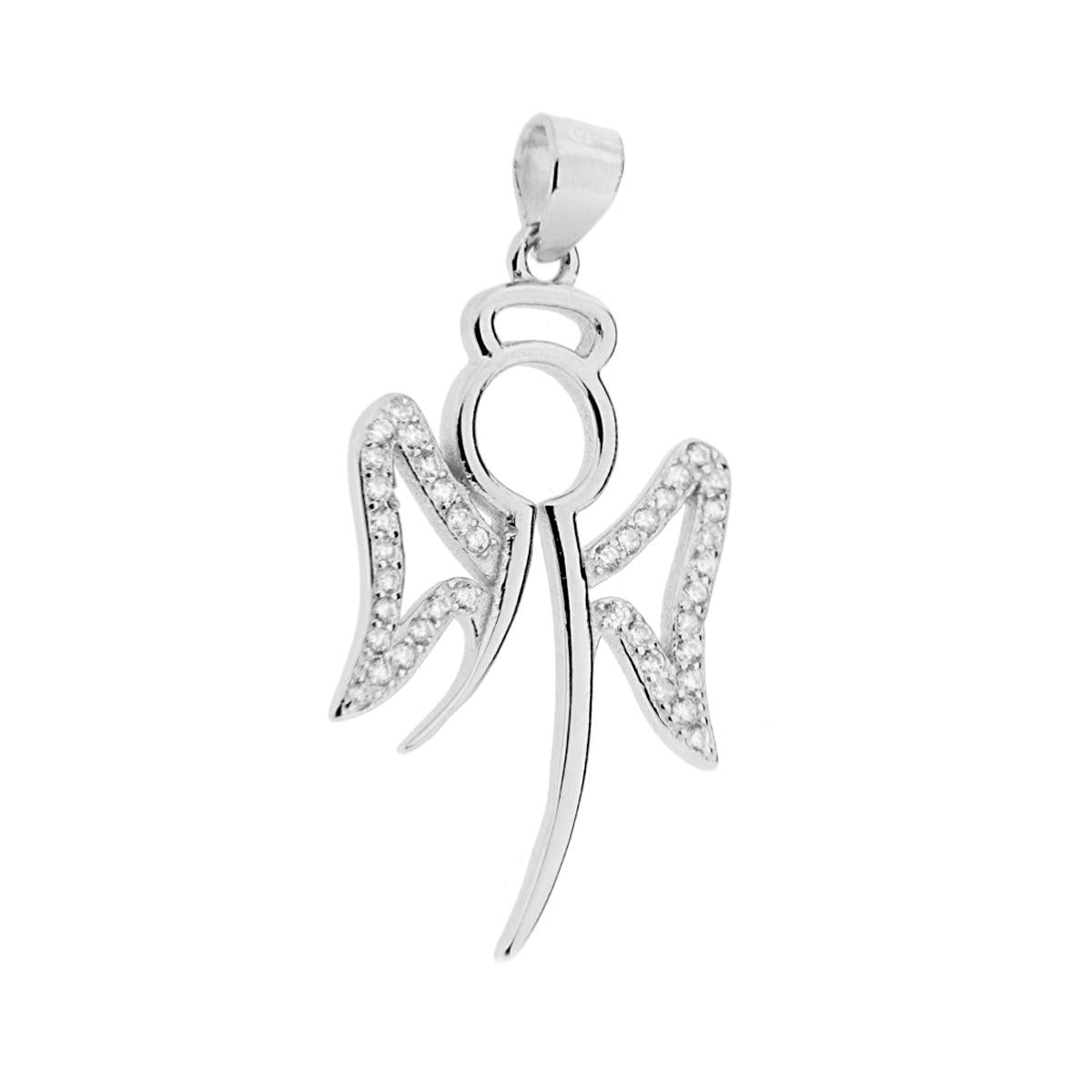 Ciondolo a forma di angelo con finitura lucida e cubic zirconia bianchi incastonati.