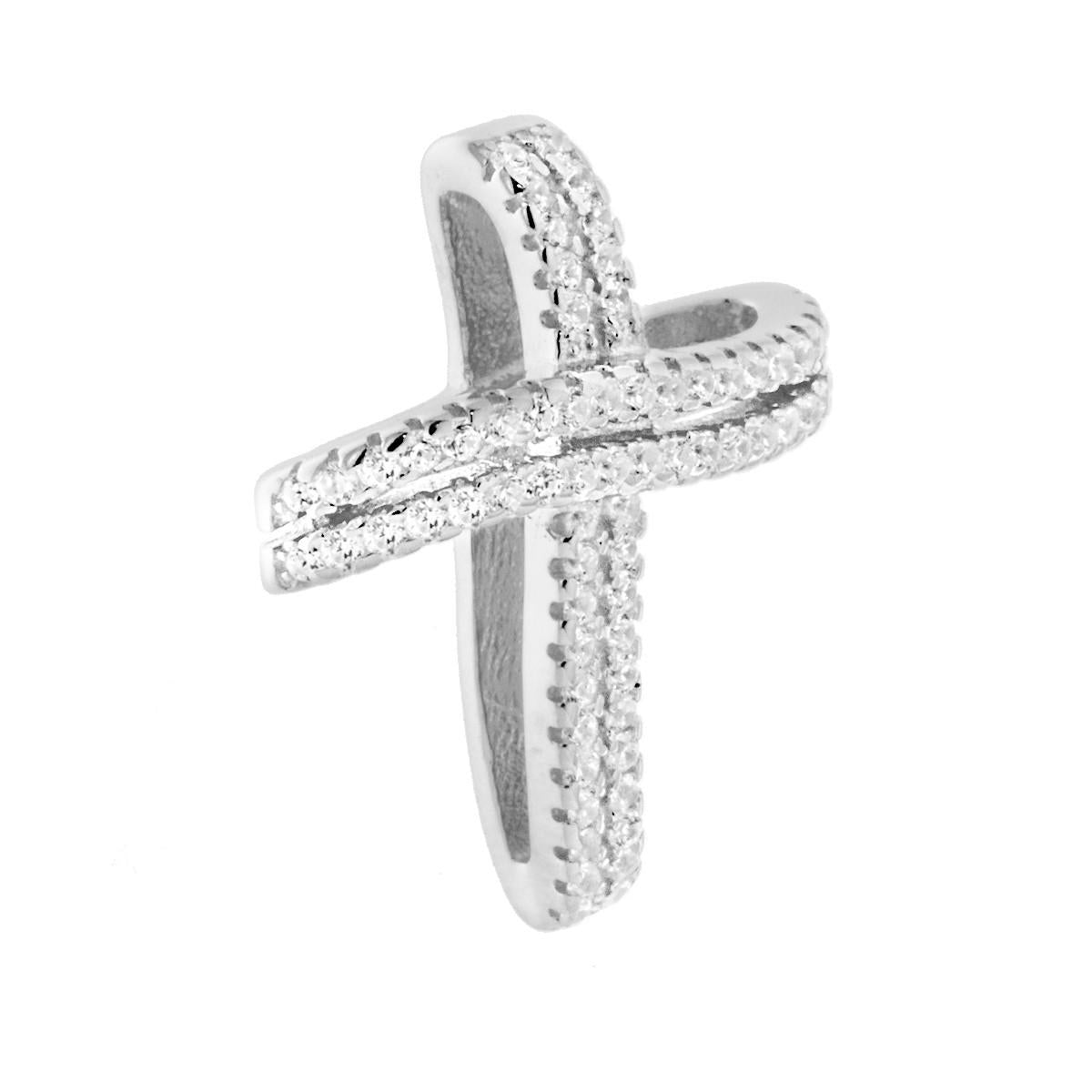 Ciondolo a forma di Croce con passante per catena, con due fili di zirconi Bianchi incastonati.