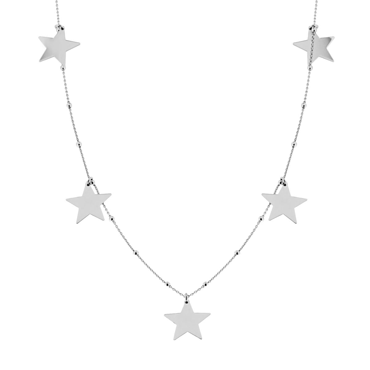 Collana Lunga con Catena Forzatina con Palline Lisce e Stelle plain Pendenti in ARGENTO 925 Galvanica Rodio