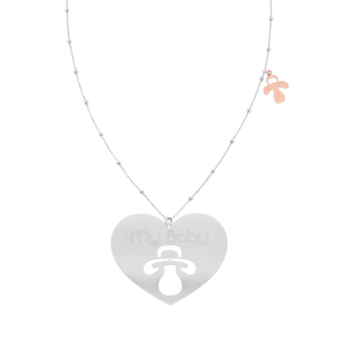 Collana Lunga con Catena Forzatina con Palline Lisce e Cuore My Baby e Ciuccio Galvanica Rosa in ARGENTO 925 Galvanica Rodio