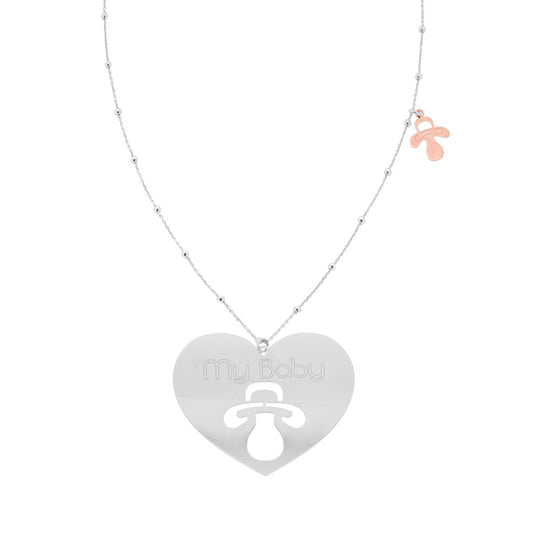Collana Lunga con Catena Forzatina con Palline Lisce e Cuore My Baby e Ciuccio Galvanica Rosa in ARGENTO 925 Galvanica Rodio