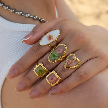 Anello Donna in Acciaio Inossidabile con Fiori Veri Essiccati