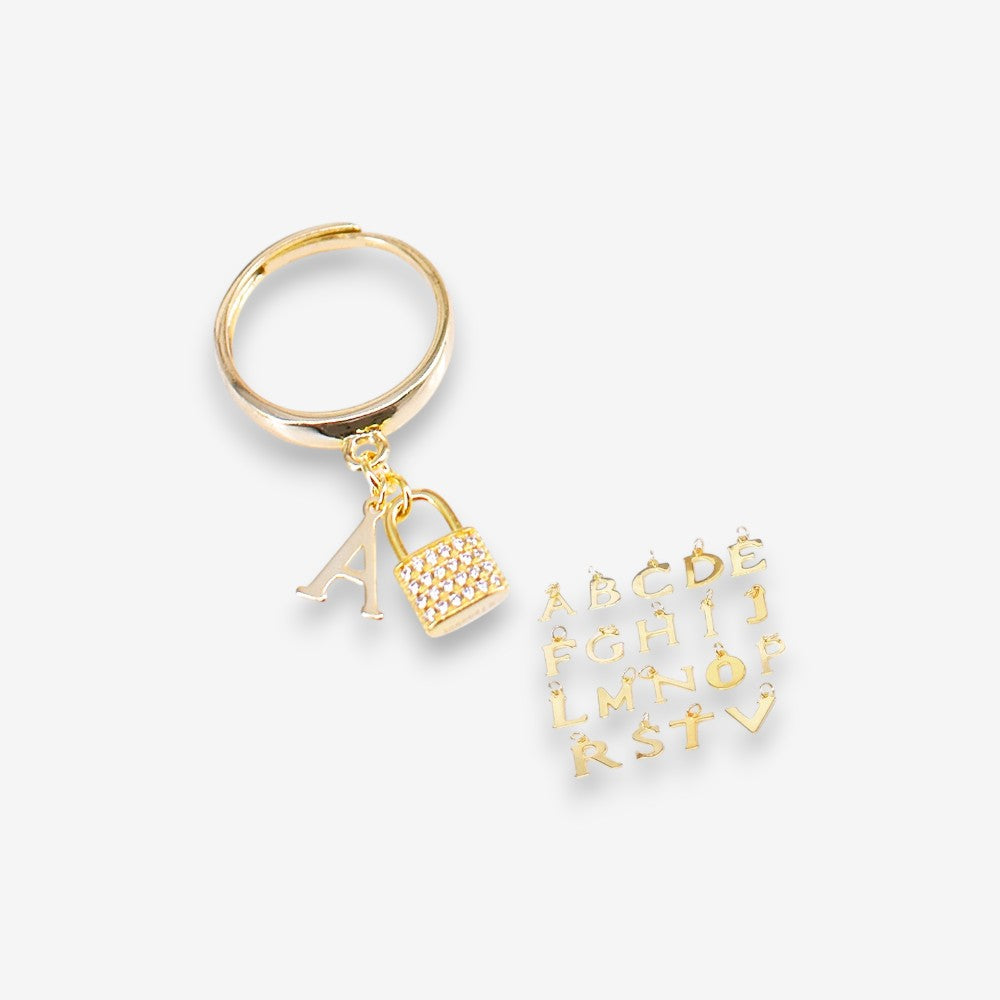 Anello Donna in Argento 925 Regolabile Dorato con pendente a lettera e lucchetto