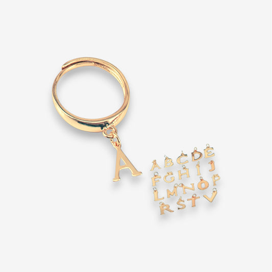 Anello Donna in Argento 925 Regolabile con pendente a lettera Oro