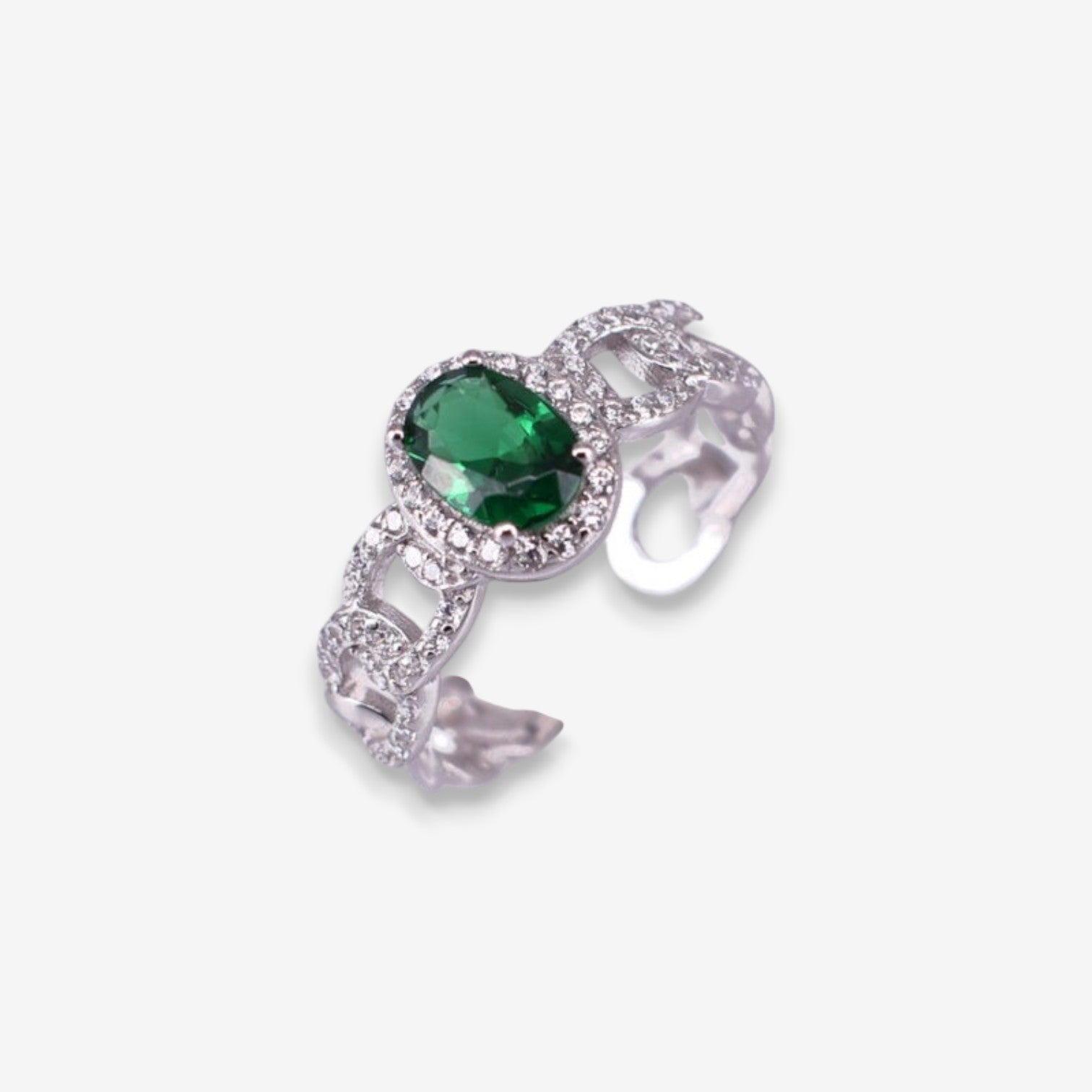 Anello Donna Catena in Argento 925 Regolabile con zircone ovale verde