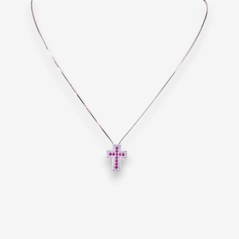Collana Uomo Croce in Argento 925 con zirconi Fucsia