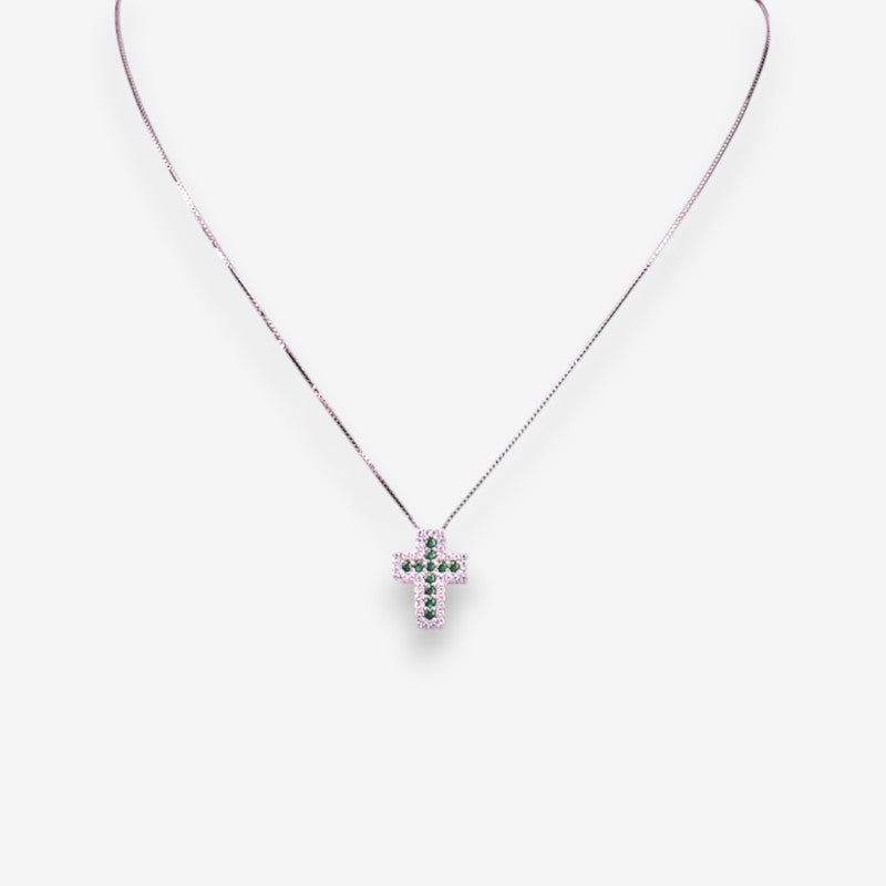 Collana Uomo Croce in Argento 925 con zirconi Verde