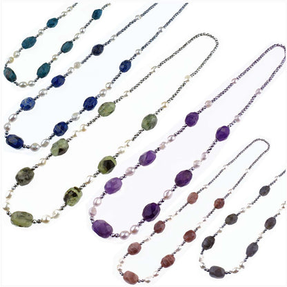 Collana Donna con pietre dure ematite e perle di fiume 65 cm