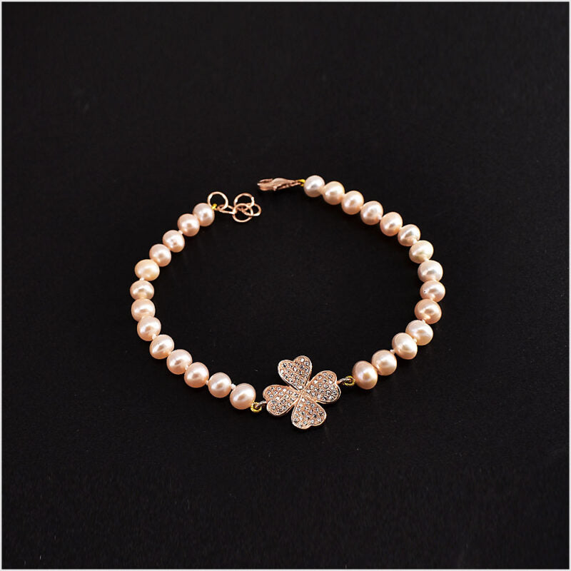 Bracciale Donna in Argento 925 con quadrifoglio zirconato ramato e perle rosa