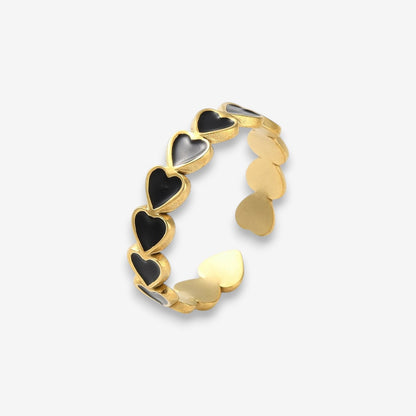 Anello Donna con cuori neri in Acciaio Inox Oro Regolabile