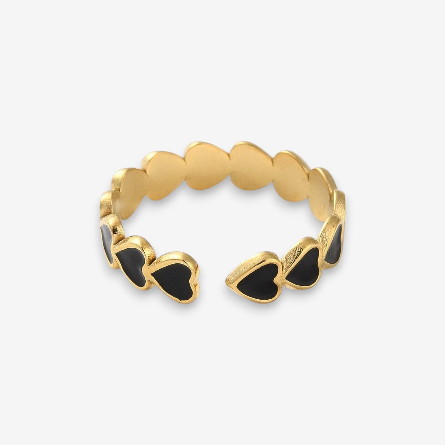 Anello Donna con cuori neri in Acciaio Inox Oro Regolabile