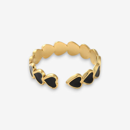 Anello Donna con cuori neri in Acciaio Inox Oro Regolabile
