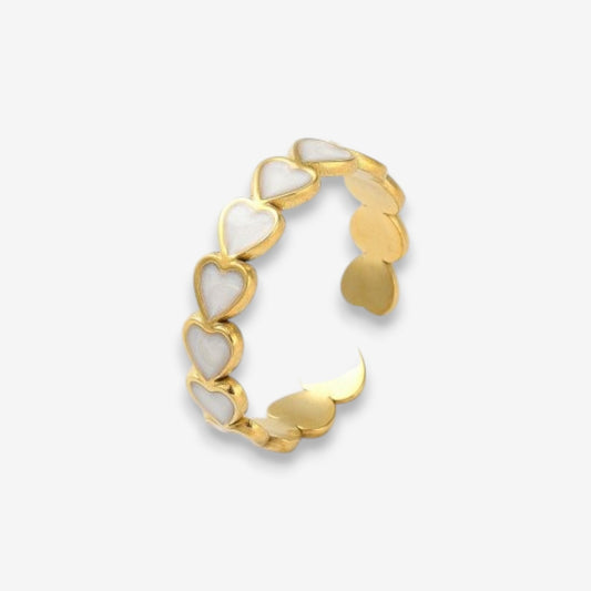 Anello Donna con cuori bianchi in Acciaio Inox Oro Regolabile